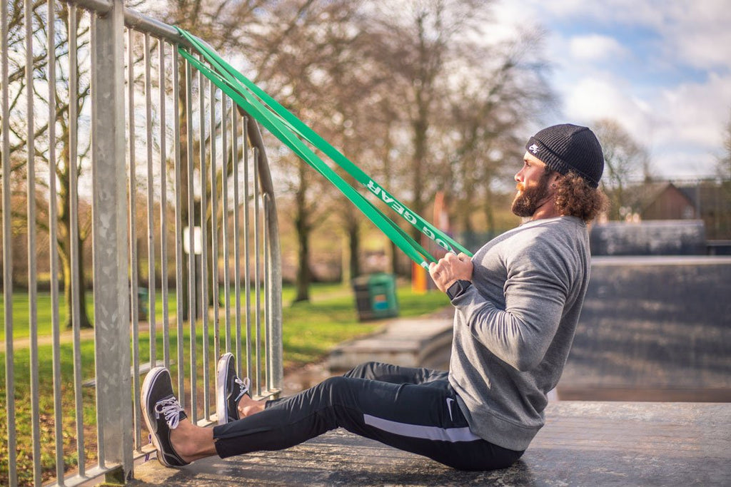 Bulldog Gear resistance band used in an outdoor workout