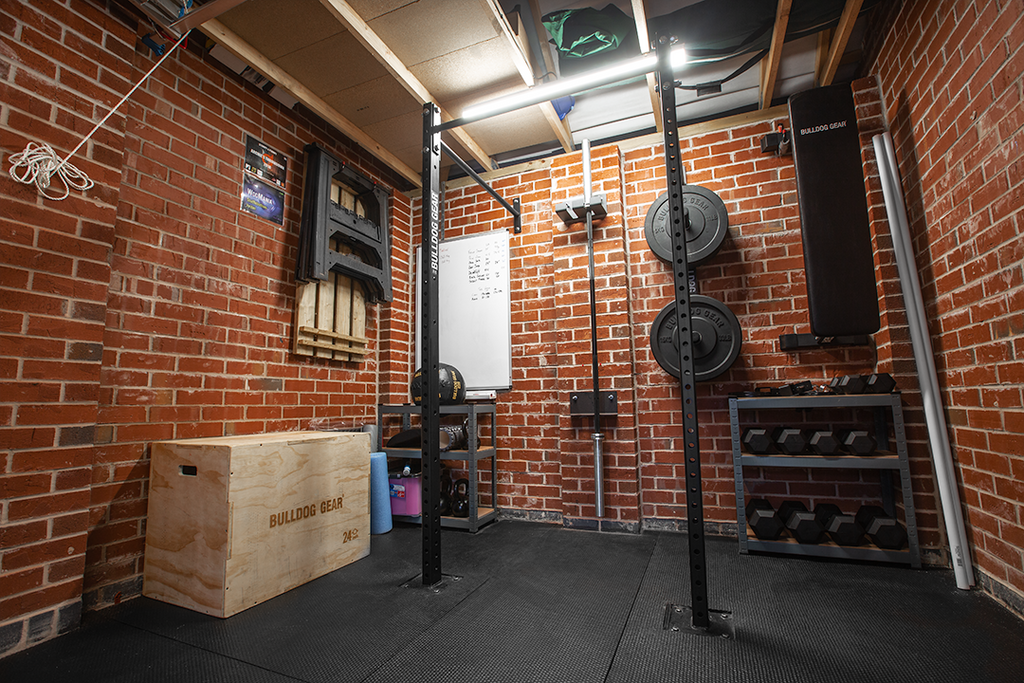 Bulldog Gear wall mounted garage gym rig installed in garage