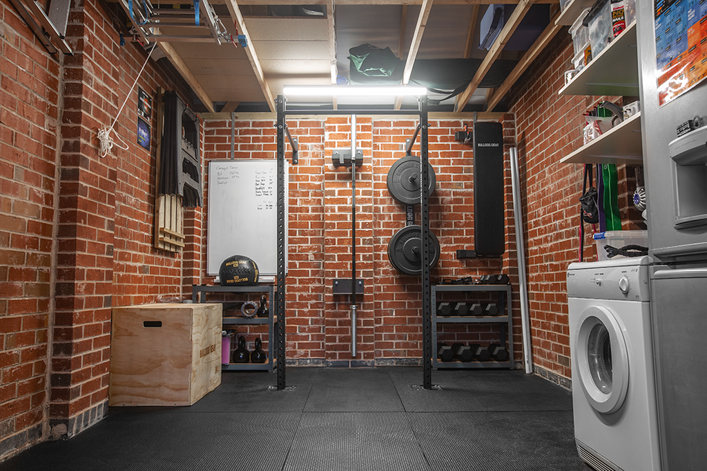 Bulldog Gear wall mounted garage gym rig installed in garage