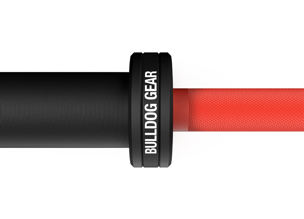 Bulldog Gear Cerakote barbell 2.0 red branded sleeve detail 