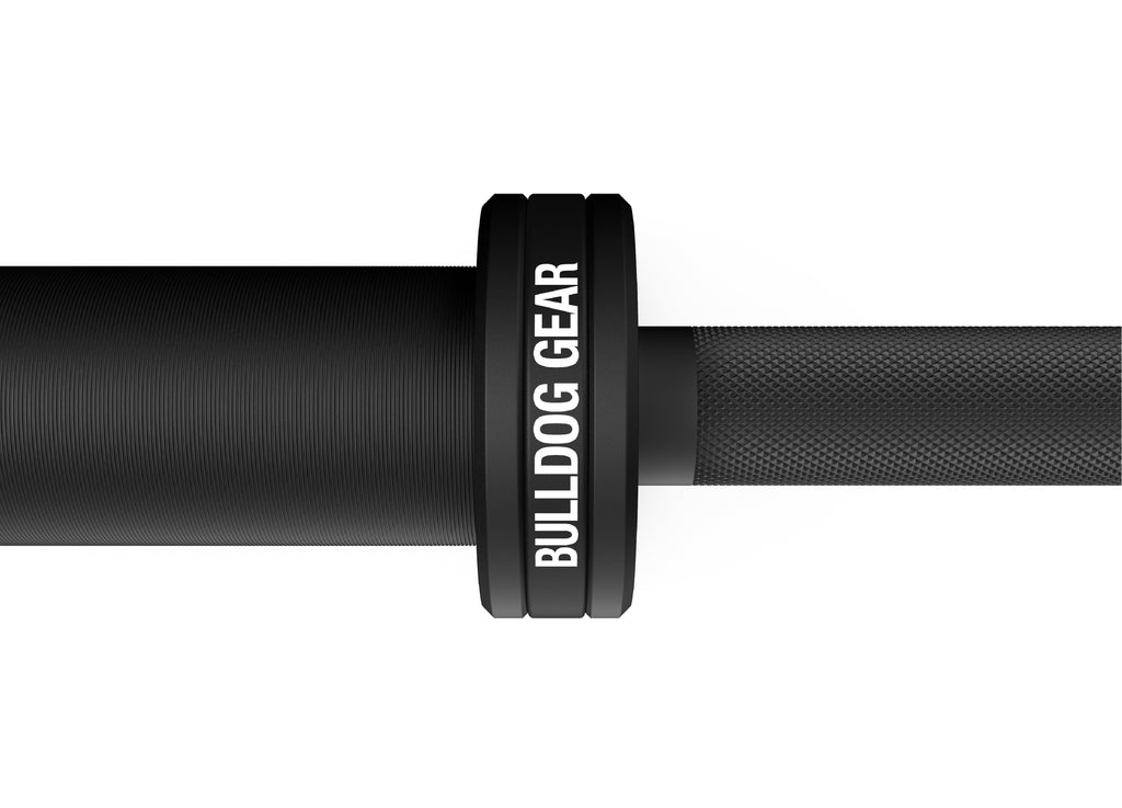 Bulldog Gear Cerakote barbell 2.0 20kg black sleeve branding detail