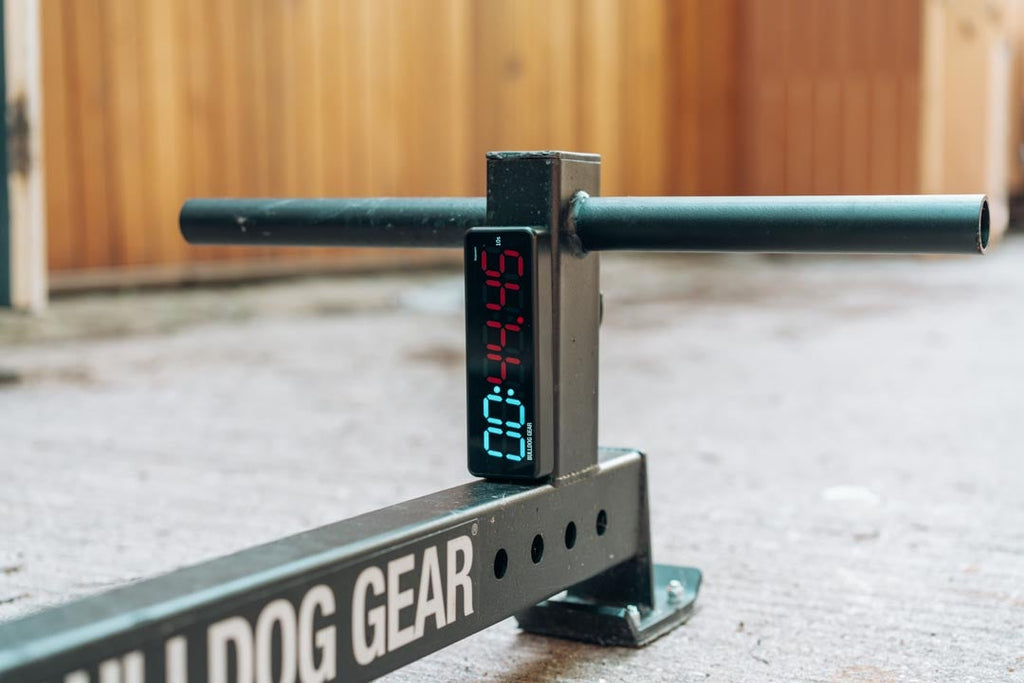 Bulldog Gear magnetic gym timer stuck to sled