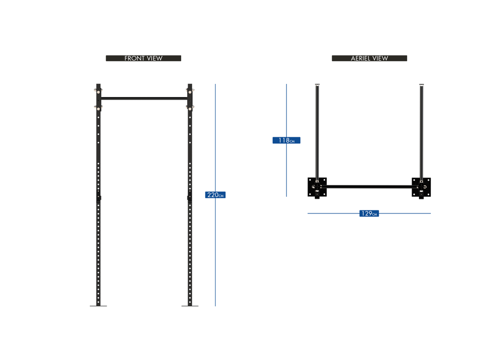 Bulldog Gear wall mounted garage gym rig front view and aerial view with specifications