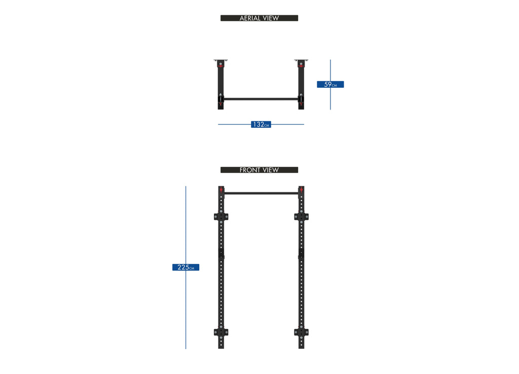 Bulldog Gear lite wall mounted folding rack - short - specifications. Ariel and front view.